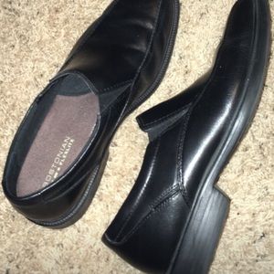 Black leather slip on dress shoes